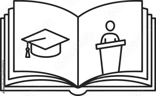 Open book with graduation cap on one page and a person at a podium on the other, representing education and learning, isolated on transparent background