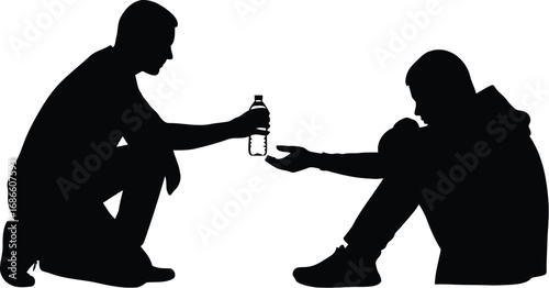 Silhouette of a person offering a bottle of water to another person, isolated on transparent background