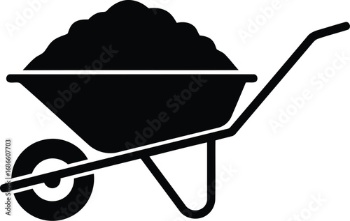 Black silhouette of a wheelbarrow filled with dirt, isolated on transparent background