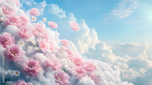 Fototapeta Naklejka Na Ścianę i Meble -  Vibrant pink peonies and daisies drifting weightlessly among fluffy white clouds, soft sunlight filtering through petals, dreamy pastel sky backdrop.