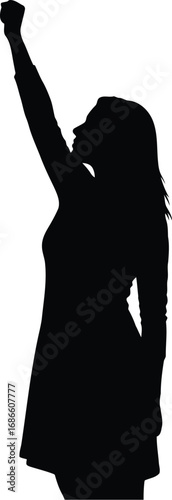 Silhouette of a woman with her fist raised in the air, symbolizing power, strength, and protest, isolated on transparent background