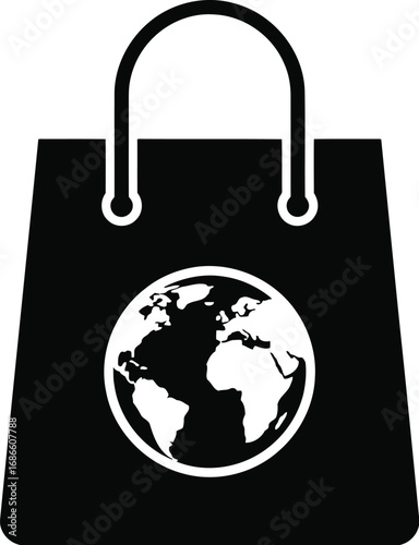 Black shopping bag with a white globe icon, representing global commerce, international trade, and online shopping, isolated on transparent background
