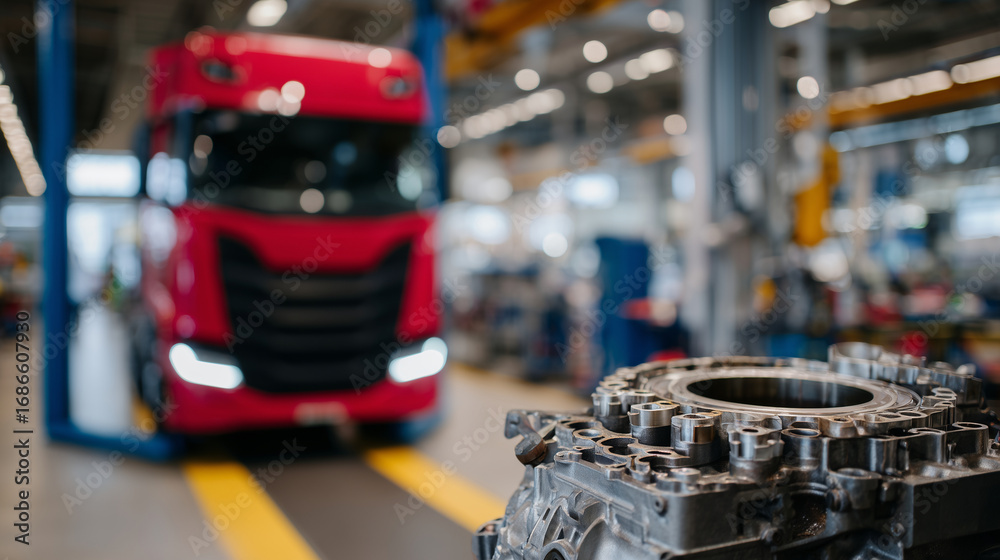 Fototapeta premium Close-up of disassembled diesel engine, intricate metallic textures and mechanical components visible, red truck blurred behind, repair shop lighting adding depth