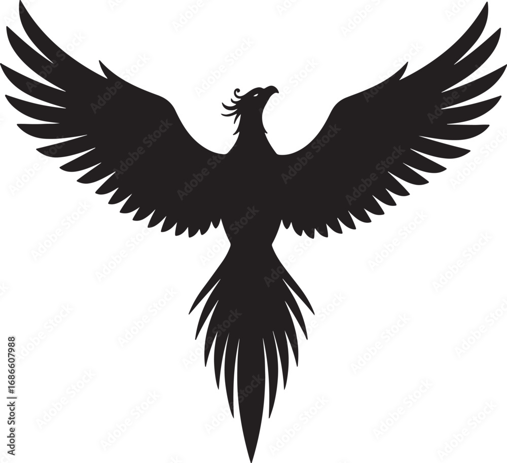 Obraz premium Phoenix bird rising with spread wings, a powerful vector silhouette illustration symbolizing rebirth, immortality, power, and triumph