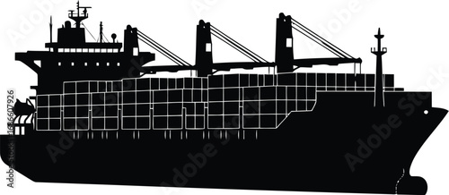 Silhouette of a large cargo ship with containers stacked on deck, isolated on transparent background