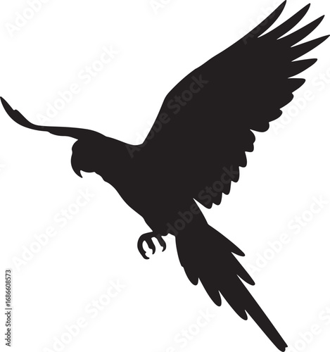 Silhouette of a parrot in mid-flight with its wings outstretched, capturing dynamic motion and elegance, ideal for a logo, design element, or wildlife icon