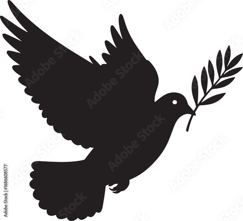 Black silhouette of a dove flying with an olive branch, symbolizing peace, hope, freedom, and new beginnings