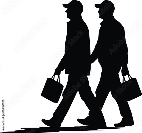 Silhouette of two men walking side by side carrying shopping bags, isolated on transparent background