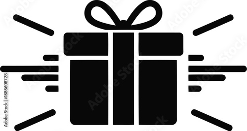 A black silhouette icon of a gift box with a bow and motion lines, isolated on transparent background
