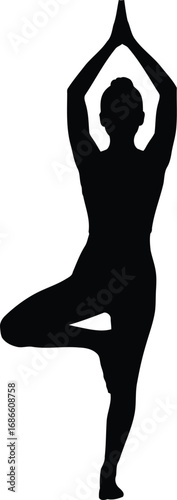 Silhouette of a woman performing the vrksasana yoga pose, also known as the tree pose, isolated on transparent background