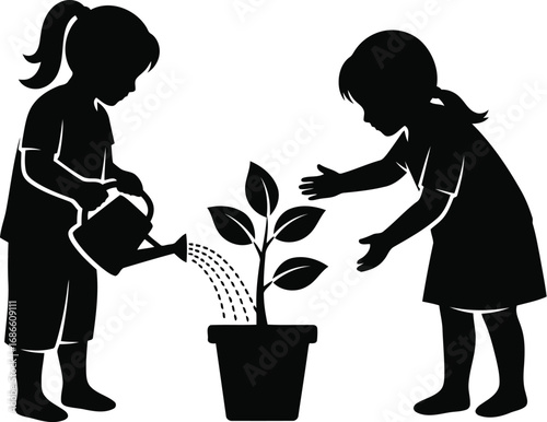 Silhouette of two children watering a plant in a pot, isolated on transparent background