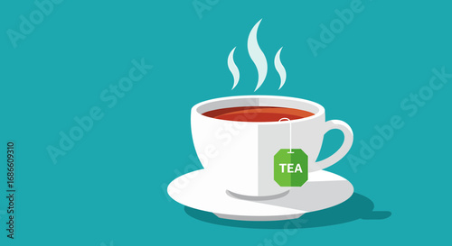 Hot cup of tea with steam rising on a teal background
