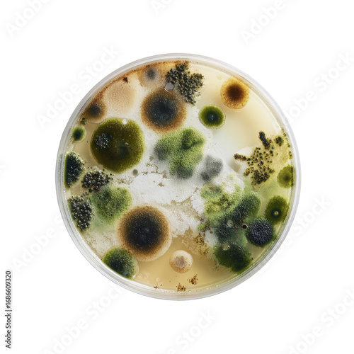 Petri dish filled with various fungi and mold colonies of varying colors