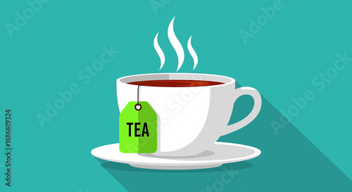 Hot tea in a white cup with a green tea bag tag