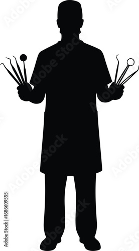 Silhouette of a dentist holding dental instruments in both hands, representing oral healthcare, dentistry, and professional service, isolated on transparent background