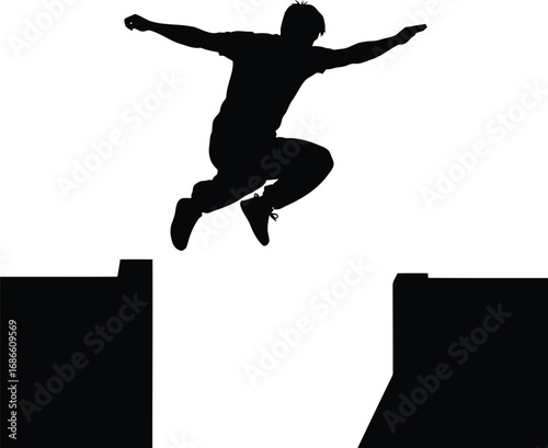 Silhouette of a man jumping over a gap, isolated on transparent background