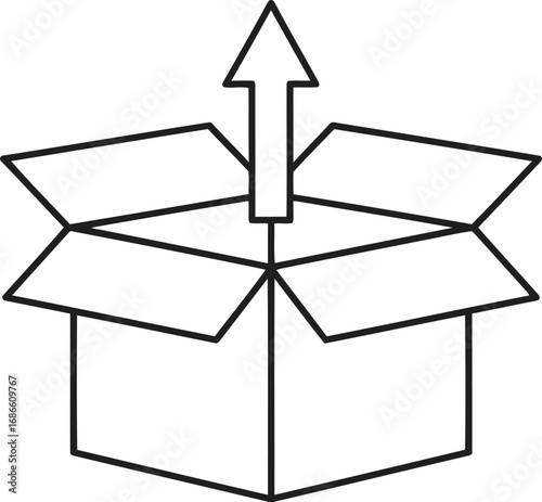 Line art icon of an open box with an arrow pointing upwards, symbolizing shipping or delivery, isolated on transparent background