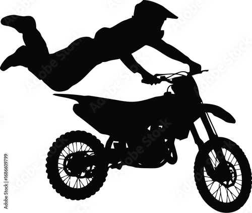 Silhouette of a motocross rider performing a jump trick with a dirt bike against a transparent background, isolated on transparent background