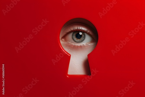 Eye peering through keyhole cutout in vivid red background, concept of surveillance, privacy, curiosity, and security breach