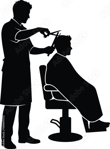 Silhouette of a barber cutting a clients hair with scissors in a salon, isolated on transparent background