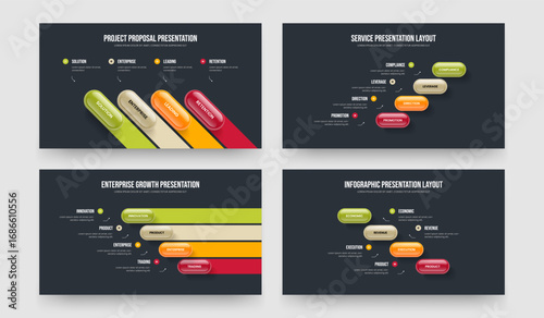 Company Report 4 Step Infographic Slideshow Design Set. Visual Proposal Four Element Diagram Frame Layout Vector Illustration Bundle.