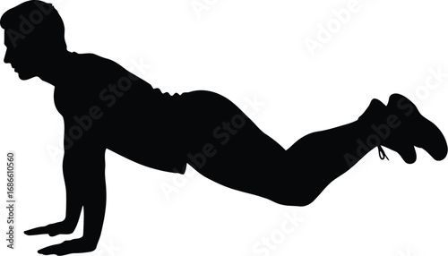 Silhouette of a man doing a pushup exercise, isolated on transparent background