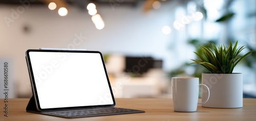 The tablet on a keyboard case with coffee cup and plant in modern office