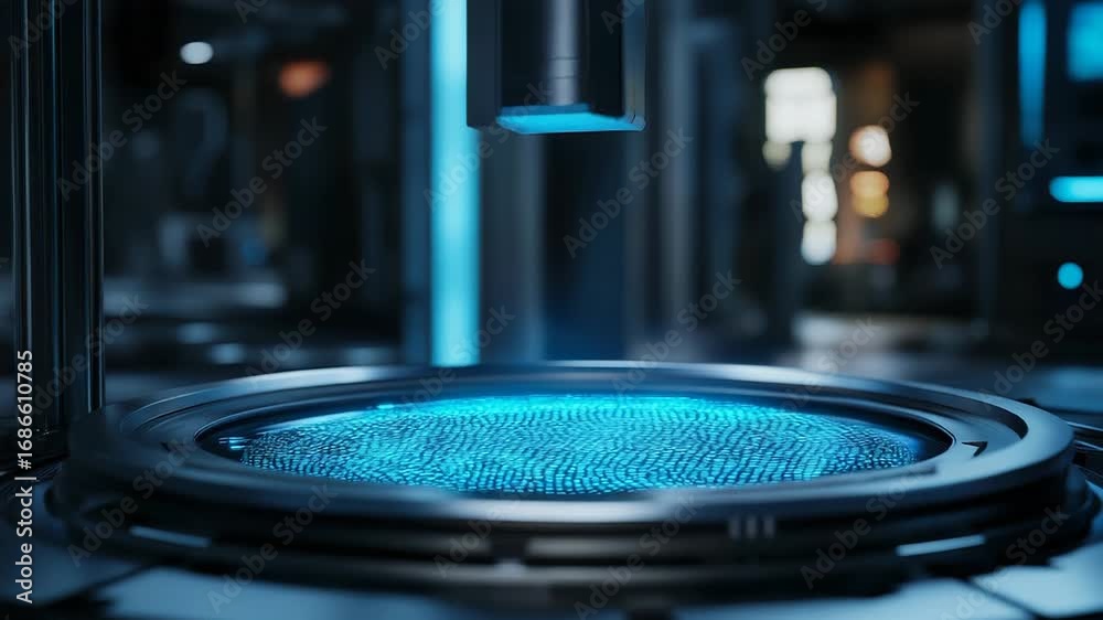 Futuristic fingerprint scanner processing biometric data in high tech laboratory