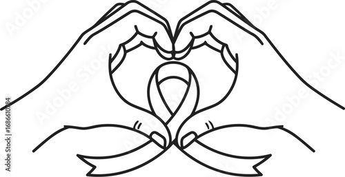 Hands forming a heart shape with a ribbon inside, symbolizing support and awareness for a cause, isolated on transparent background