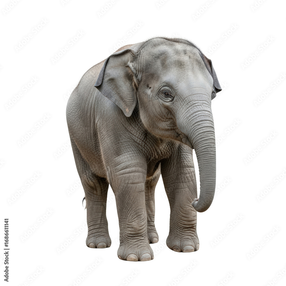 Fototapeta premium A young elephant standing on a white background.