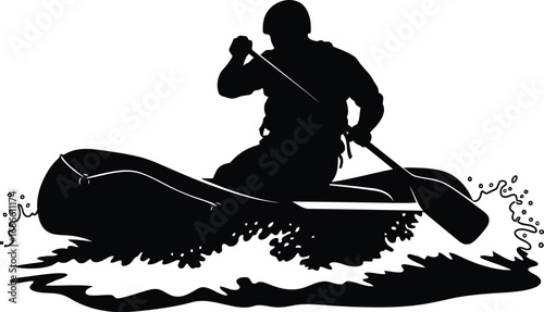 Silhouette of a person white water rafting in a kayak, paddling through choppy water with splashes and waves, isolated on a transparent background