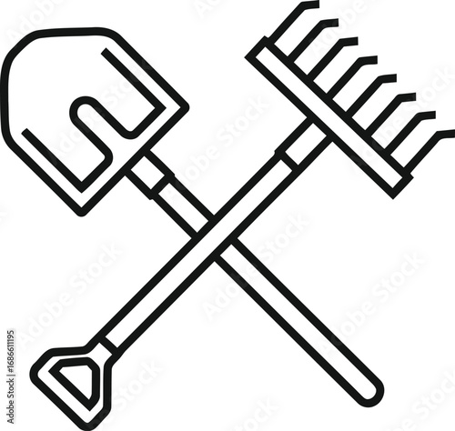 A black and white line art illustration of a shovel and a rake crossed, representing gardening or landscaping tools, isolated on a transparent background