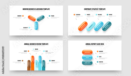 Market Briefing 3 4 5 Step Diagram Slideshow Design Set. Consulting Development Three Four Five Element Infographic Presentation Template Vector Illustration Collection.