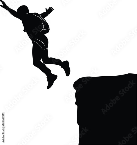 Silhouette of a person jumping off a cliff with a backpack, isolated on transparent background