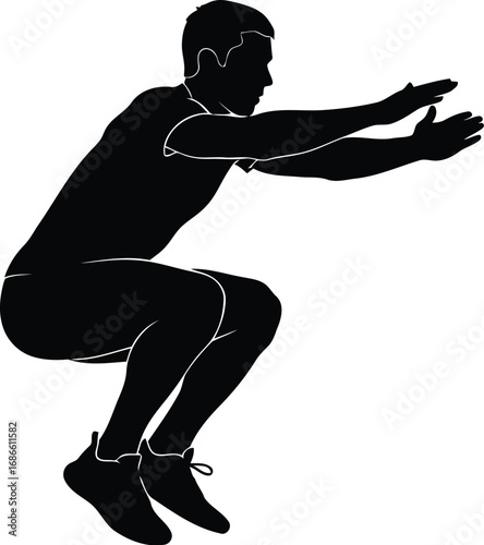 Silhouette of a man performing a squat jump exercise, isolated on transparent background