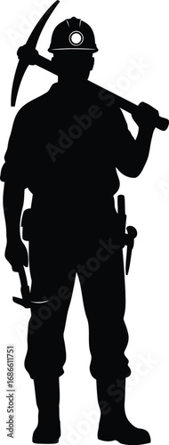 Silhouette of a miner holding a pickaxe and hammer, isolated on transparent background