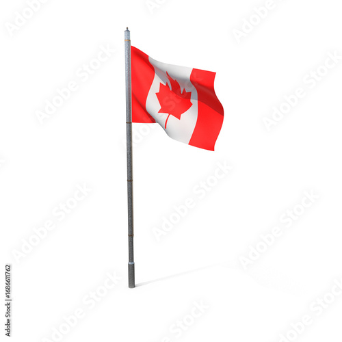 Simple Canadian flag waving on vertical silver pole stand, isolated on transparent background , 3d, png