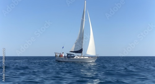 Serene Sailboat Glides Across Deep Blue Ocean Under Clear Sky.