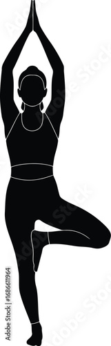 Silhouette of a woman performing a yoga tree pose with arms raised above her head, isolated on transparent background