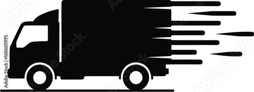 A black silhouette of a delivery truck in motion, with speed lines indicating rapid movement.