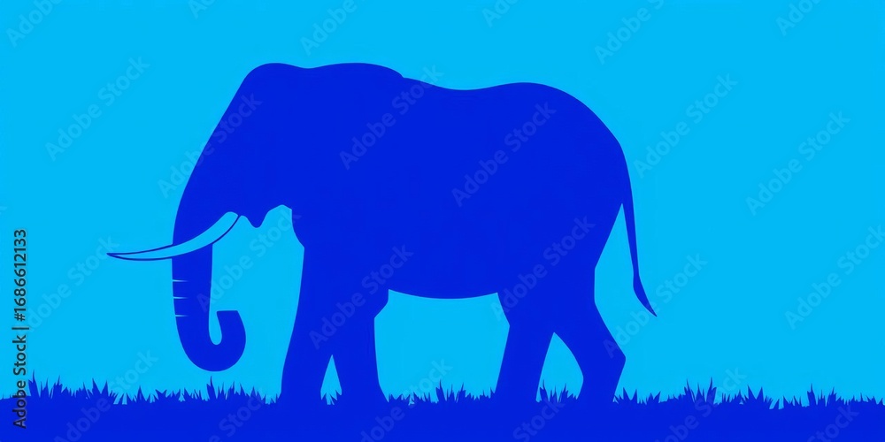 Fototapeta premium A stylized blue elephant silhouette stands out against a vibrant blue backdrop, enigma, solid color