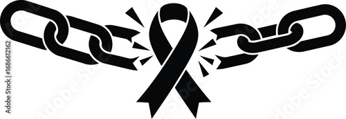 Black silhouette of a broken chain with a cancer awareness ribbon in the center, isolated on transparent background