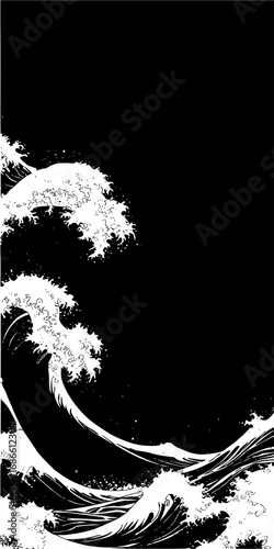 Powerful monochrome waves evoking Japanese art, dramatic sea, ocean strength and artistic impact