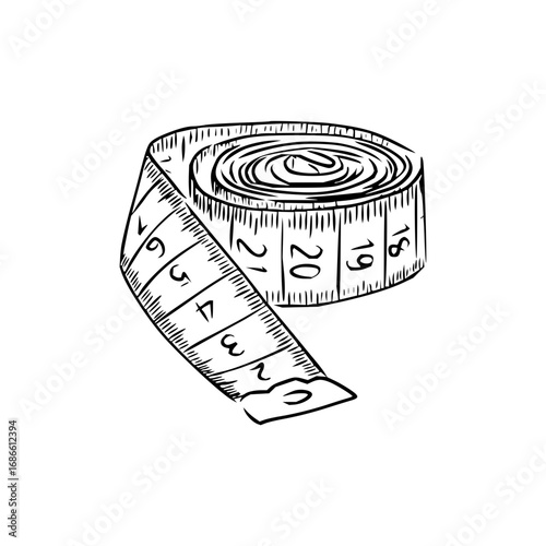 Detailed sketch of a coiled measuring tape, perfect for sewing and design projects