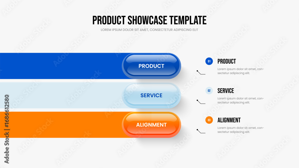 Fototapeta premium Visual Development 3 Step Infographic Slide Layout. Enterprise Visualization Frame Design Vector Illustration. Service Profile Three Element Diagram Presentation Template.