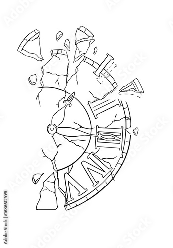 Time's shattered remains, fragmented clock face with broken Roman numerals evokes fleeting moments