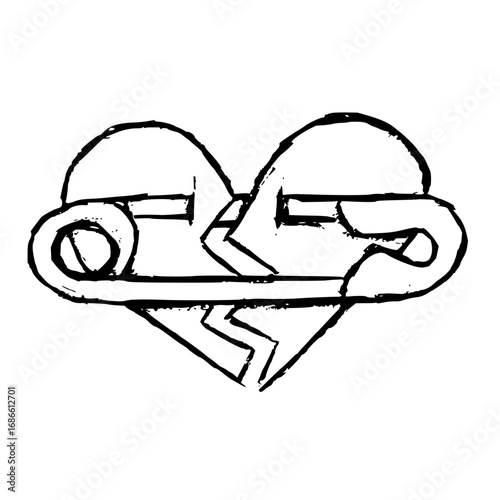 Heart broken art, safety pin holding together pieces, symbolize emotional healing and resilience