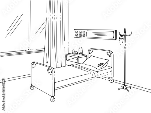 Hospital room interior with bed, window, and medical equipment drawn in line art style illustration