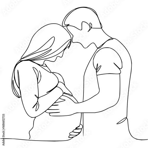 Elegant line art of expectant parents lovingly embracing the baby bump with tender affection