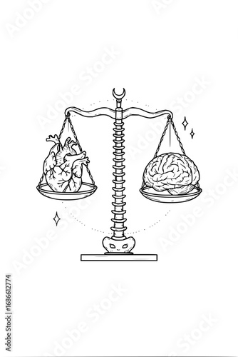 Heart and brain on scales, conceptual balance between emotion and logic, decision making process
